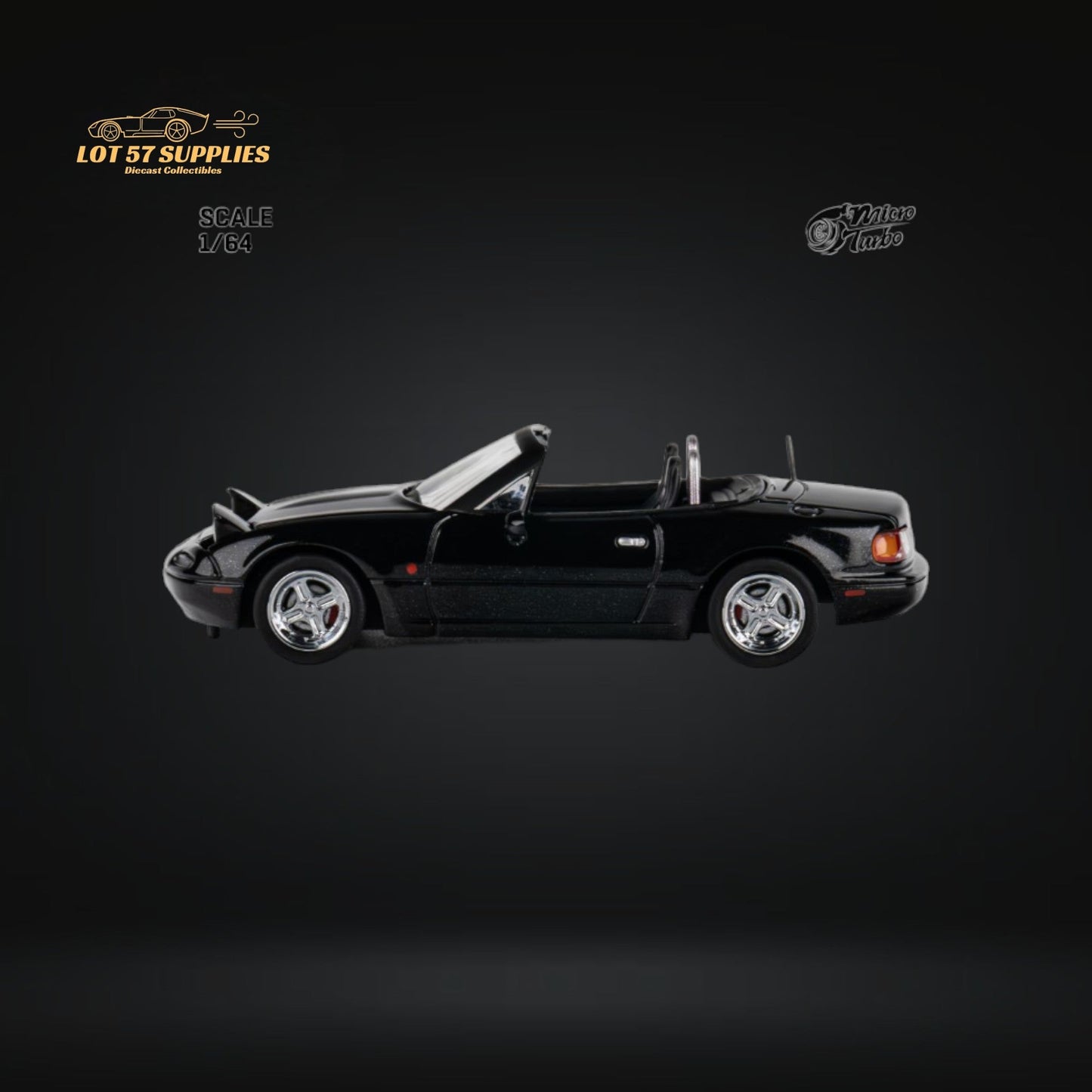 Metallic black 1:64 scale Mazda Eunos Roadster MX-5 diecast model by Lot57Supplies Diecast Shop, detailed miniature collectible.