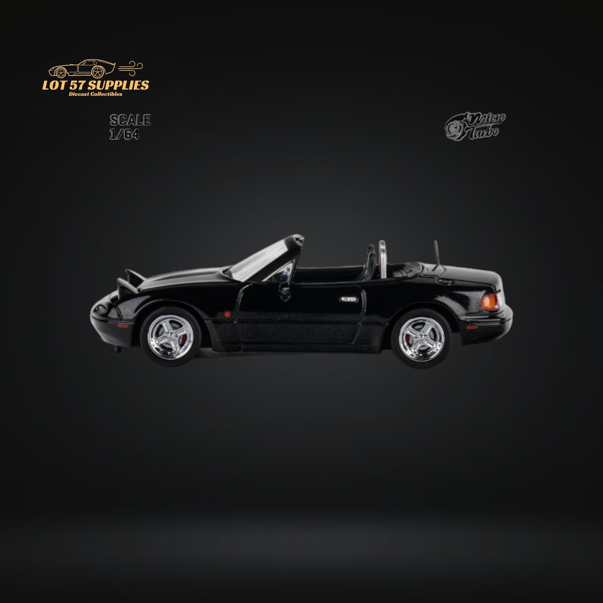 Metallic black 1:64 scale Mazda Eunos Roadster MX-5 diecast model by Lot57Supplies Diecast Shop, detailed miniature collectible.