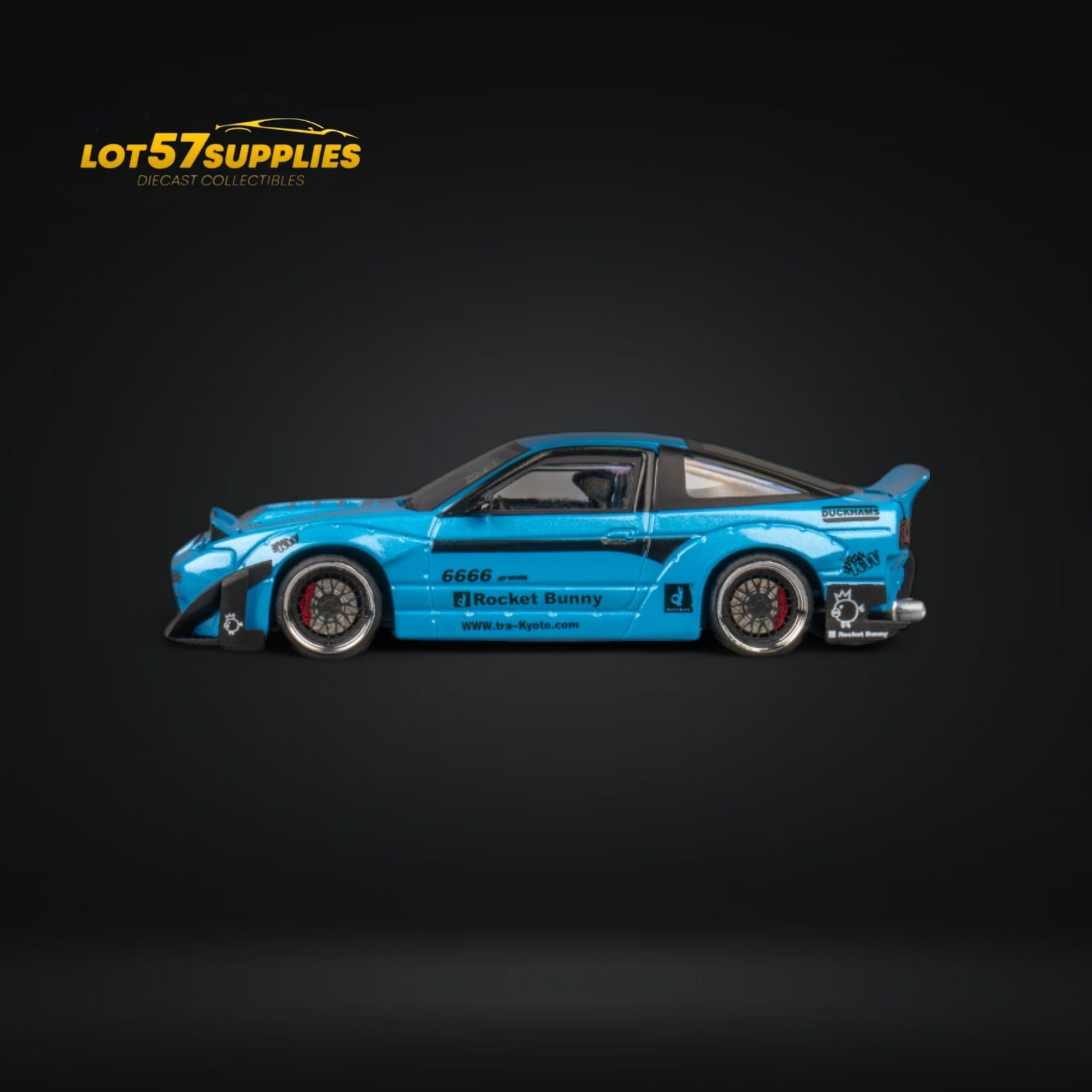 Miniature Nissan 180SX diecast model in baby blue with Pandem Rocket Bunny body kit, from Lot57Supplies Diecast Shop.