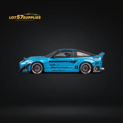 Miniature Nissan 180SX diecast model in baby blue with Pandem Rocket Bunny body kit, from Lot57Supplies Diecast Shop.
