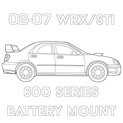 Blueprint image of MeLe Design Firm 2002-2007 Subaru WRX/STI 600 Series Battery Mount, showing detailed design and installation features.