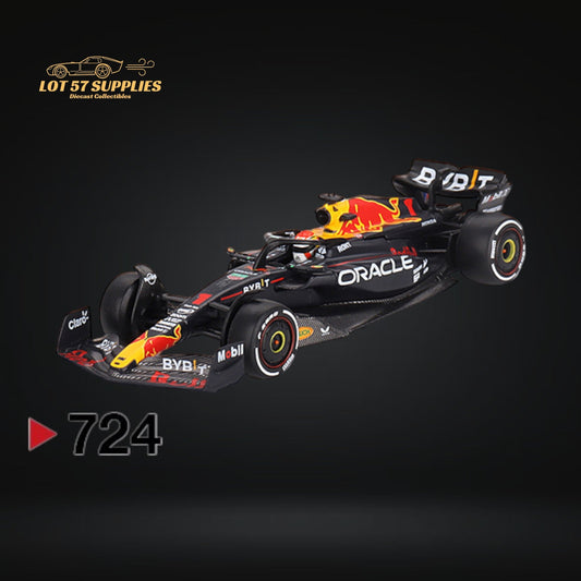 Red Bull Racing RB19 Mini-GT diecast model of Max Verstappen in red with detailed racing decals, 1:64 scale.
