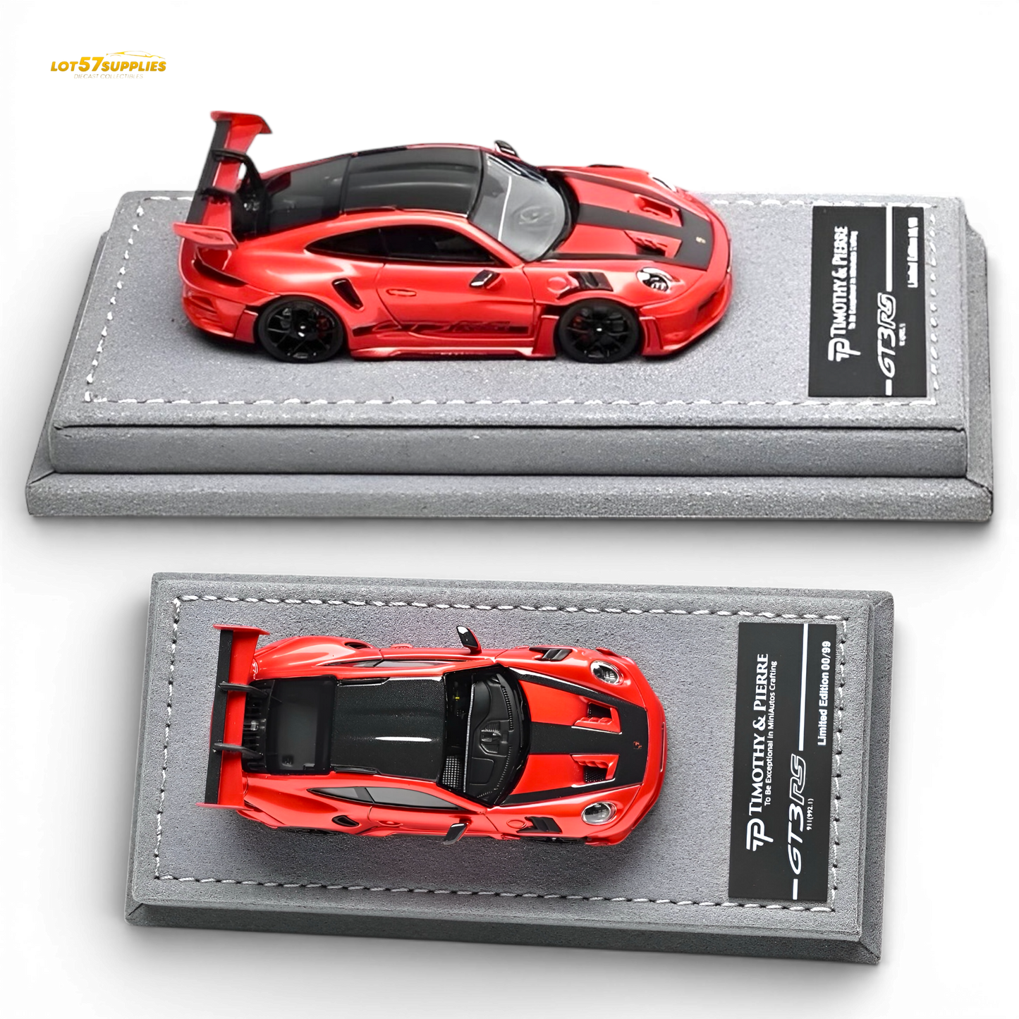Red 1:64 scale Porsche 911 992 GT3 RS diecast model by Lot57Supplies Diecast Shop, detailed miniature car on a plain background.