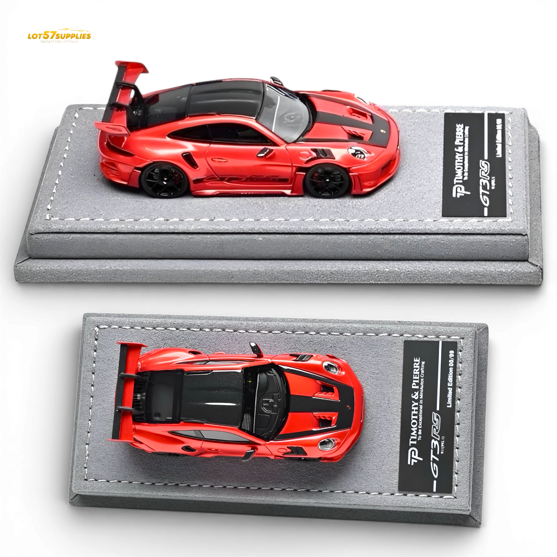 Red 1:64 scale Porsche 911 992 GT3 RS diecast model by Lot57Supplies Diecast Shop, detailed miniature car on a plain background.