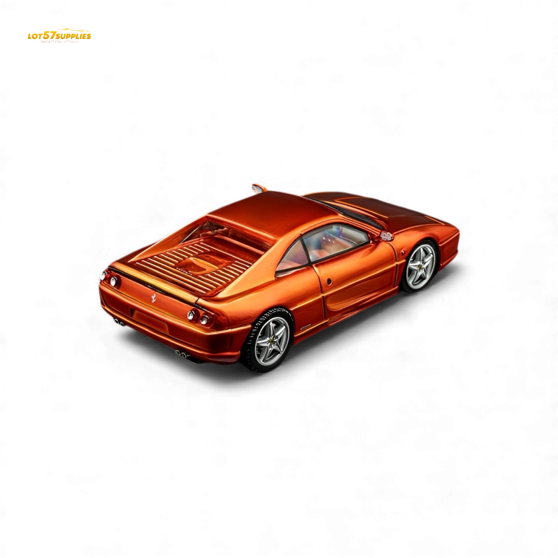 Metallic orange Ferrari F355 Challenge diecast model in 1:64 scale from Lot57Supplies Diecast Shop, detailed view of the miniature car