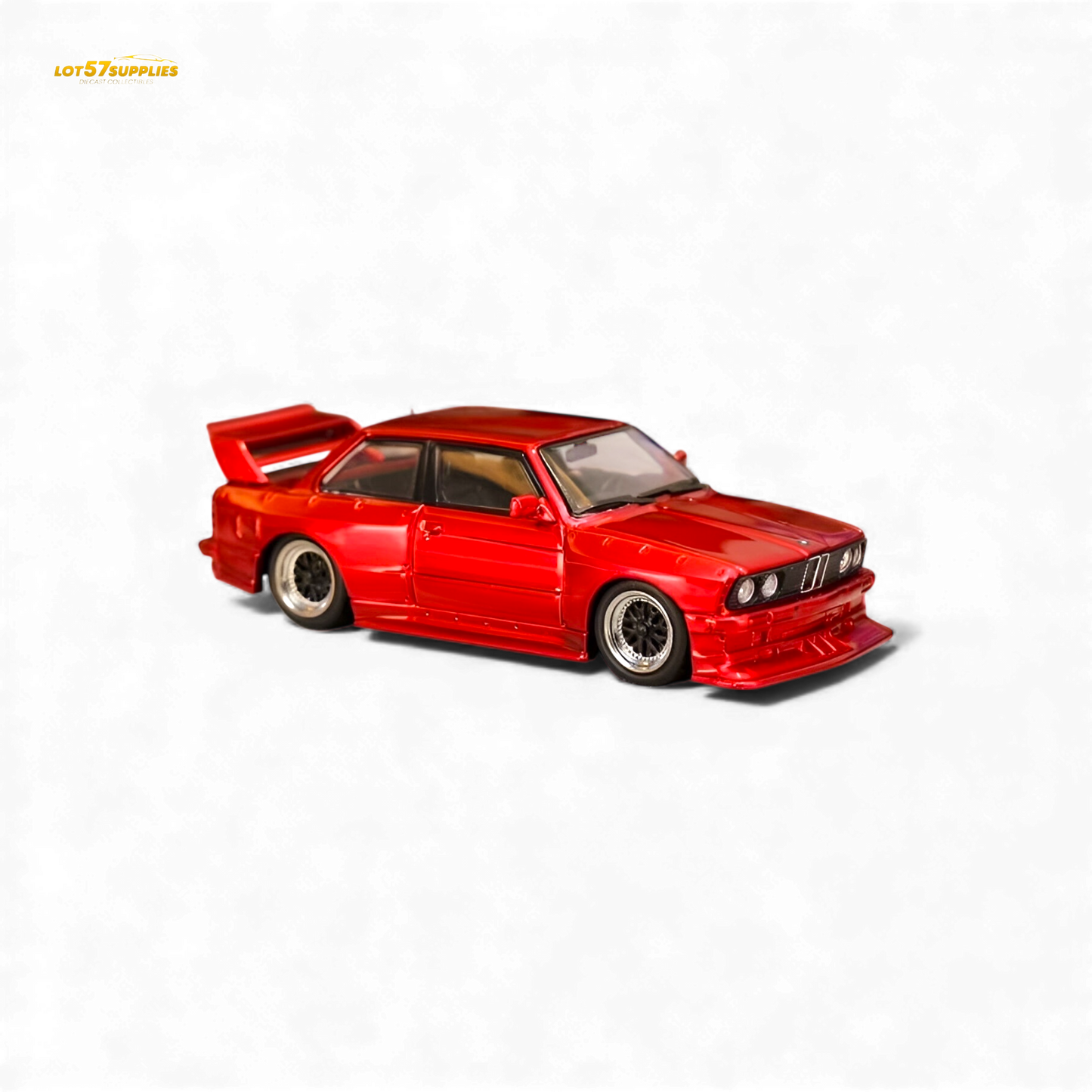 Red SW BMW E30 M3 diecast car model in 1:64 scale with LTO modification, detailed exterior, and sporty design.