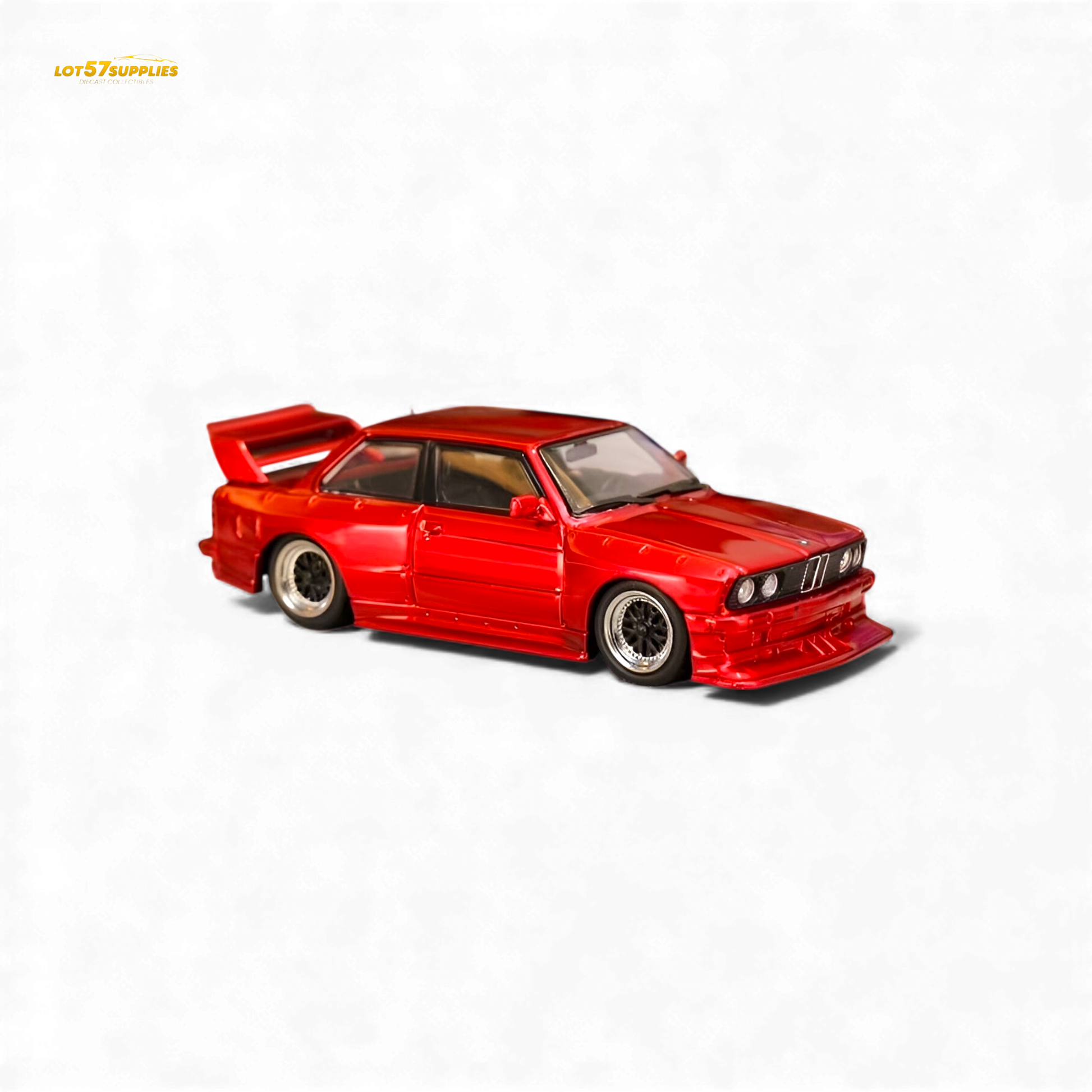 Red SW BMW E30 M3 diecast car model in 1:64 scale with LTO modification, detailed exterior, and sporty design.