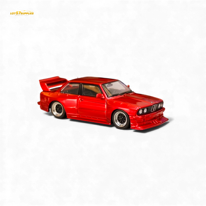 Red SW BMW E30 M3 diecast car model in 1:64 scale with LTO modification, detailed exterior, and sporty design.