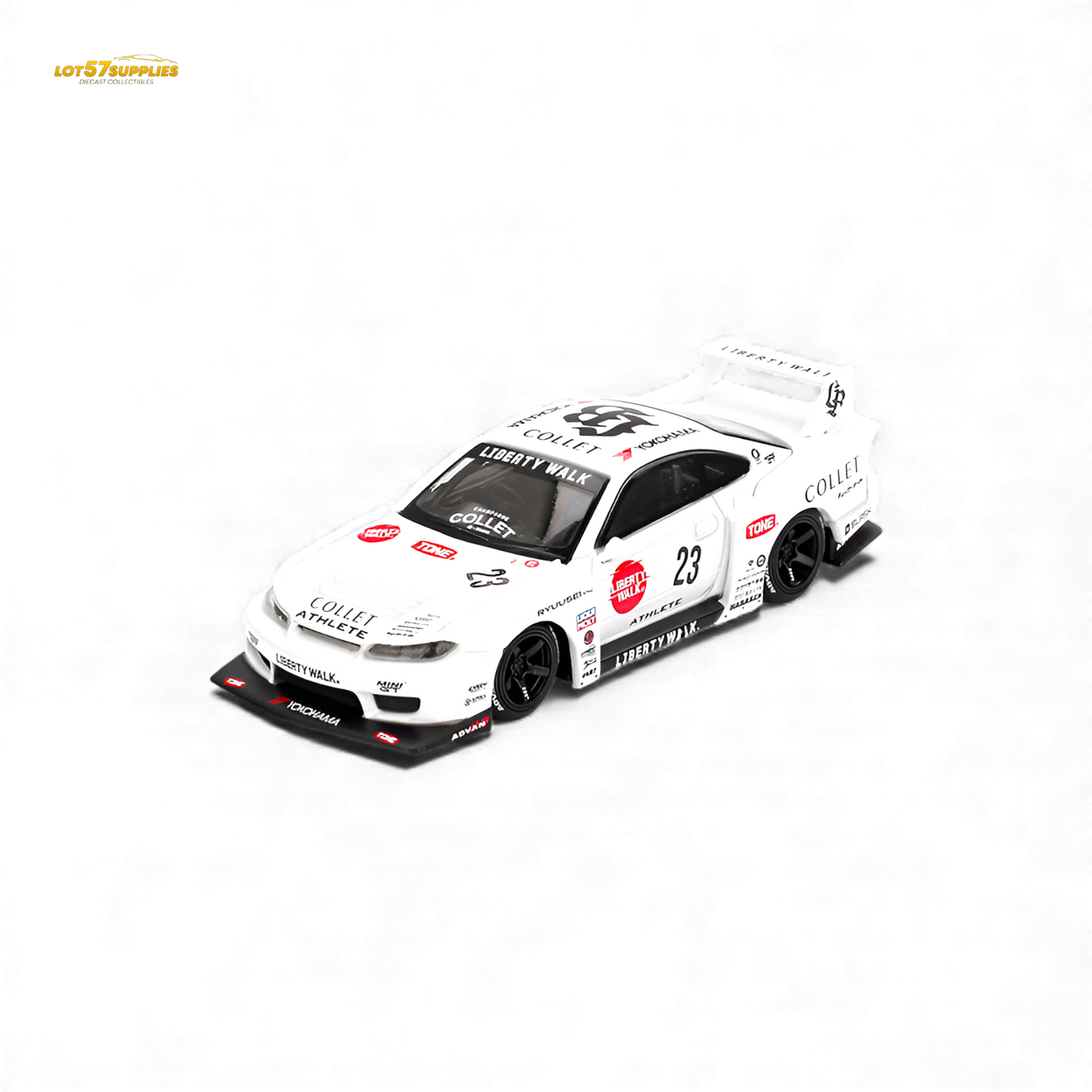 Mini GT Nissan S15 Silvia LB-Super Silhouette diecast model in 1:64 scale, detailed Nissan collectible toy.