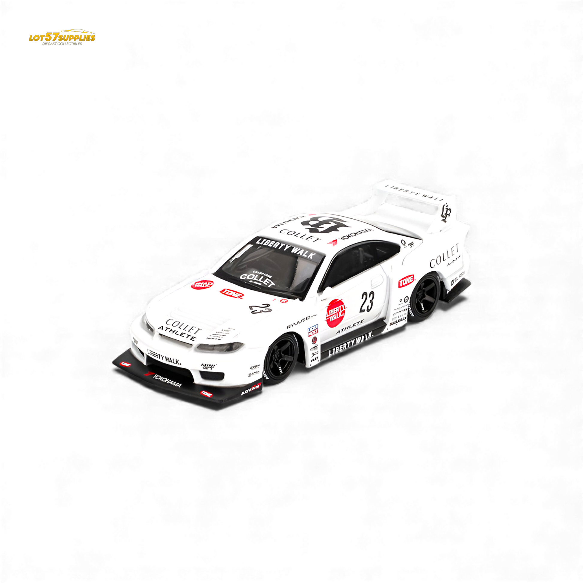 Mini GT Nissan S15 Silvia LB-Super Silhouette diecast model in 1:64 scale, detailed Nissan collectible toy.