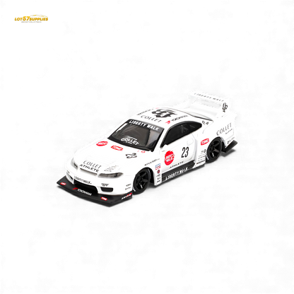 Mini GT Nissan S15 Silvia LB-Super Silhouette diecast model in 1:64 scale, detailed Nissan collectible toy.