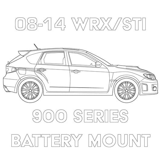Blueprint image of MeLe Design Firm's 2008-2014 Subaru WRX/STI 900 Series battery mount showing detailed mounting design and structure.
