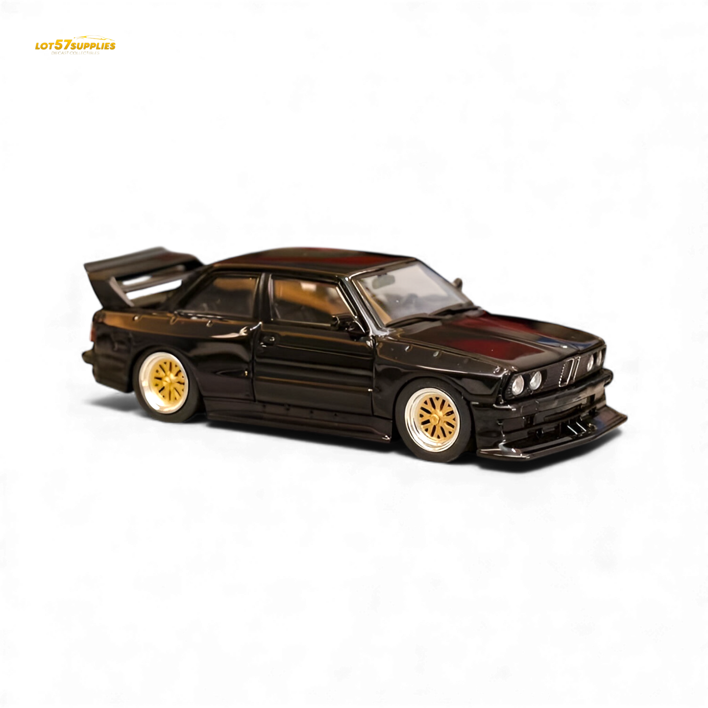 Black SW BMW E30 M3 LTO modified diecast car in 1:64 scale with detailed exterior features.