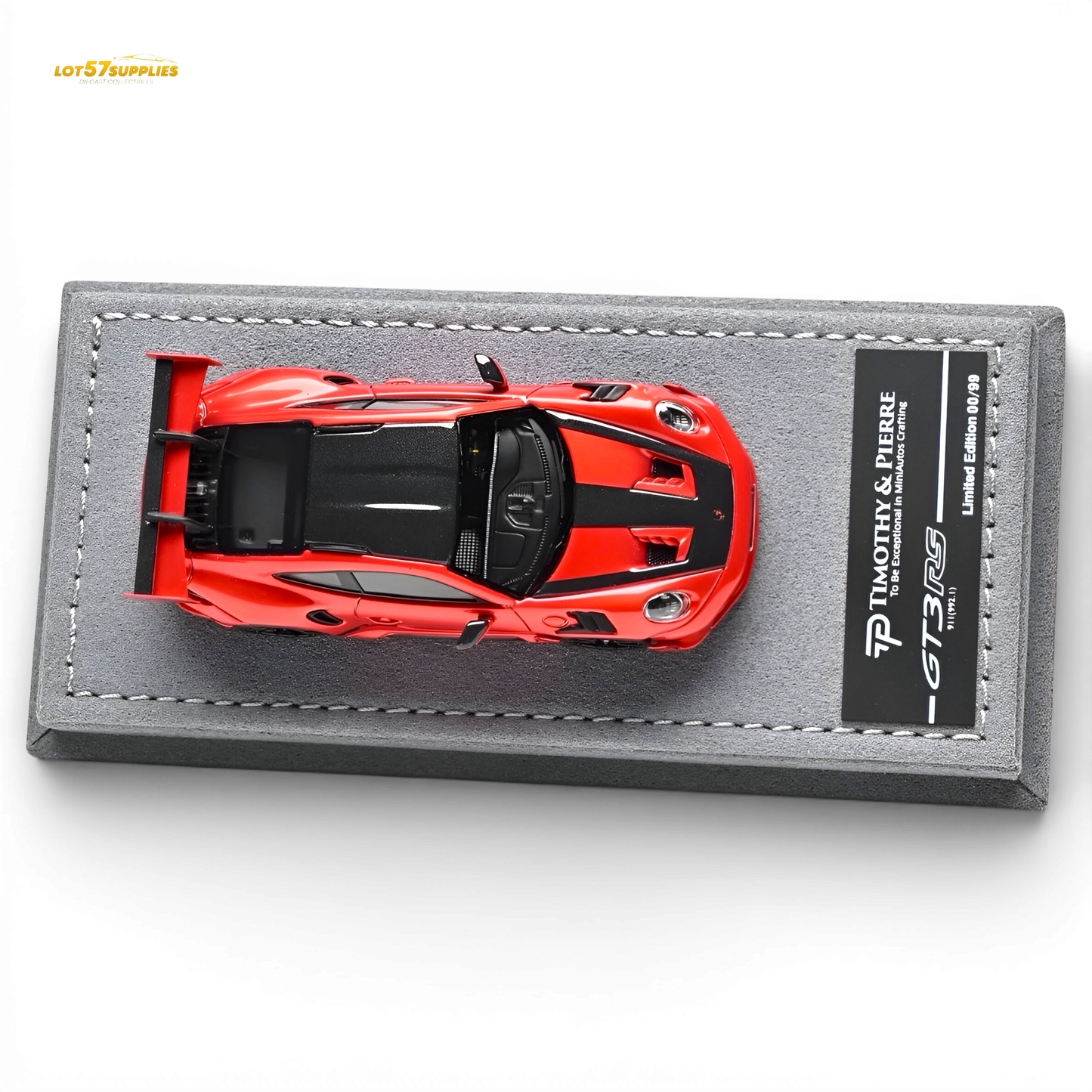 Red 1:64 scale Porsche 911 992 GT3 RS diecast car from Lot57Supplies Diecast Shop, detailed model showcasing sporty design.