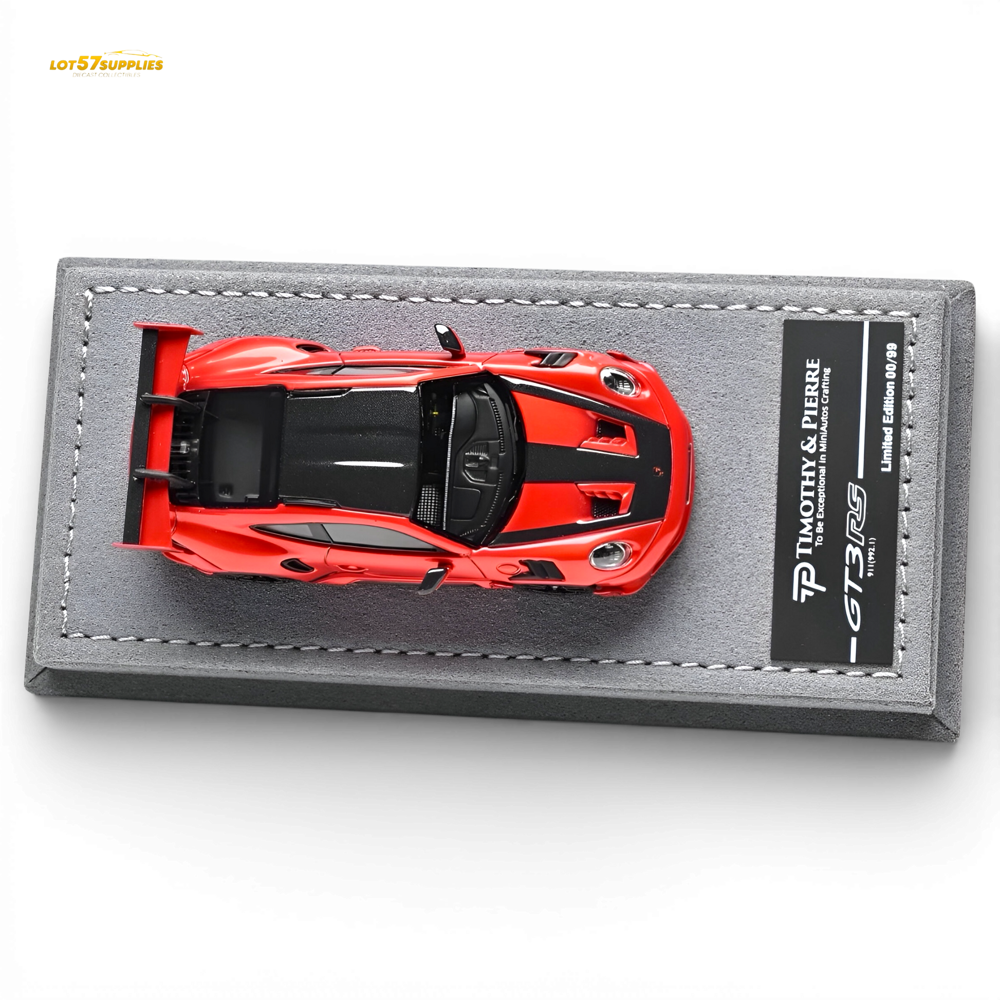 Red 1:64 scale Porsche 911 992 GT3 RS diecast car from Lot57Supplies Diecast Shop, detailed model showcasing sporty design.