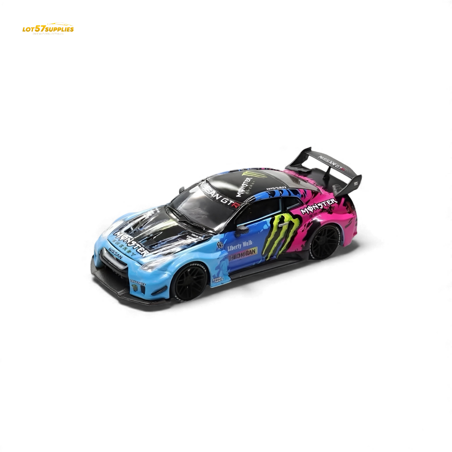Nissan GT-R R35 diecast model with Demon King Auto LBWK Monster Livery, 1:64 scale, featuring detailed custom paint design.