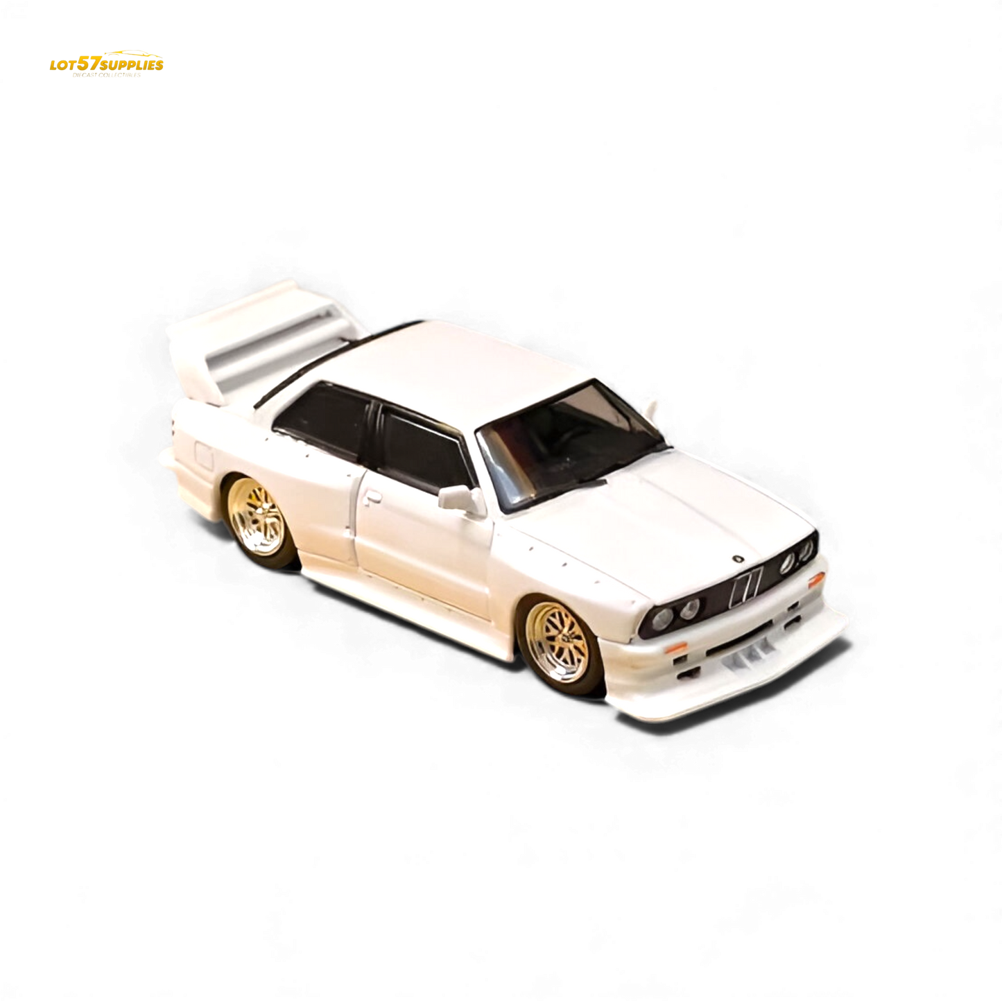 White SW BMW E30 M3 LTO diecast model in 1:64 scale, detailed miniature car from Lot57Supplies Diecast Shop.