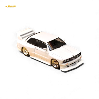 White SW BMW E30 M3 LTO diecast model in 1:64 scale, detailed miniature car from Lot57Supplies Diecast Shop.