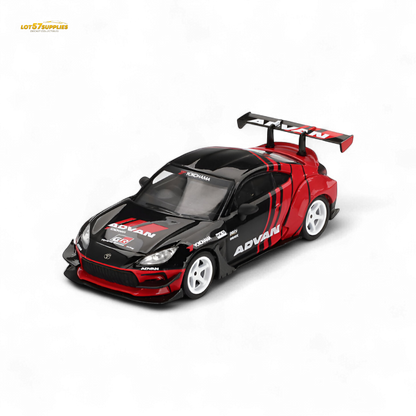 Mini-GT Toyota GR86 diecast model featuring HKS and ADVAN decals, detailed 1:64 scale replica of the Toyota sports car.