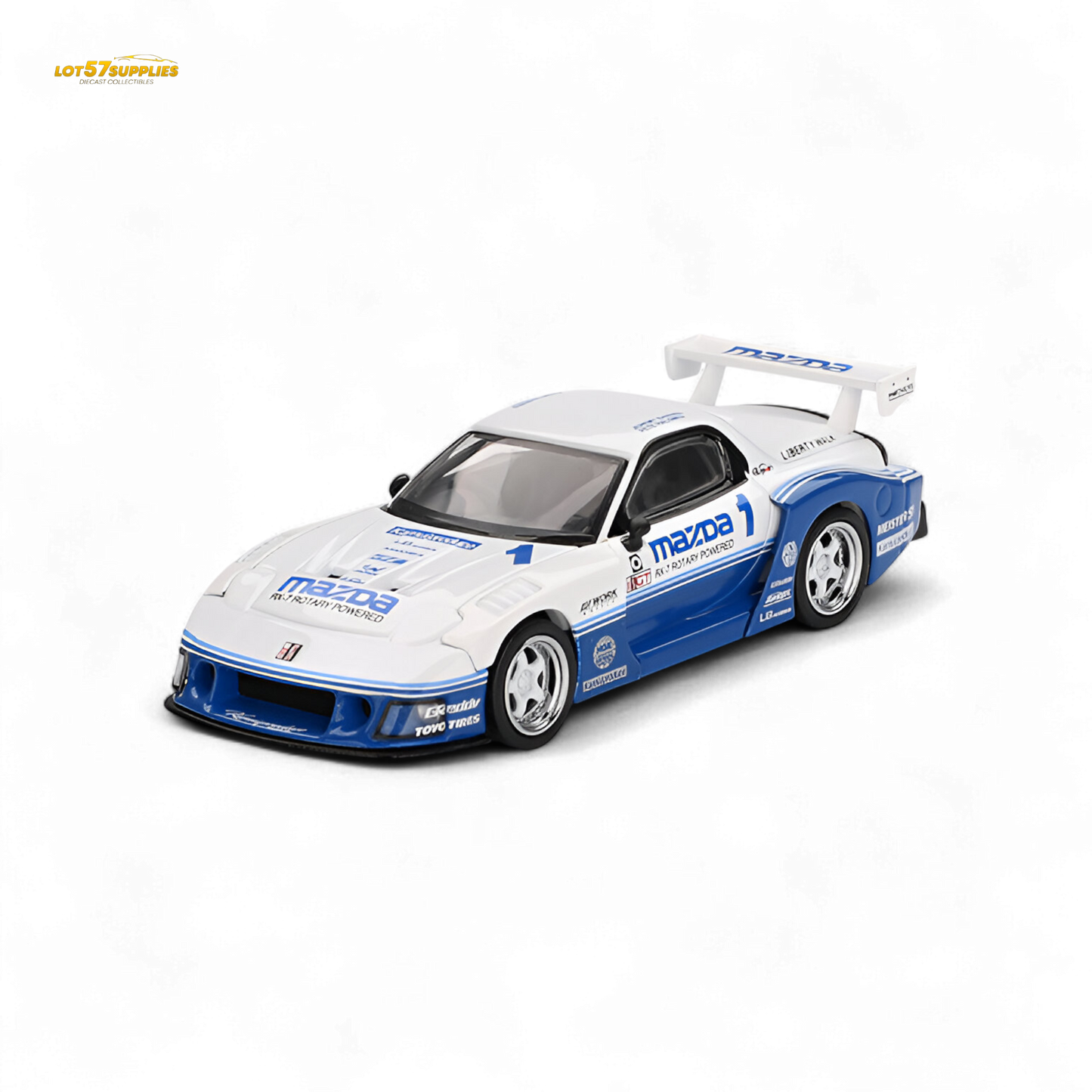 Mini GT Mazda RX-7 LB-Super Silhouette IMSA diecast model in 1:64 scale, detailed miniature car with racing livery.