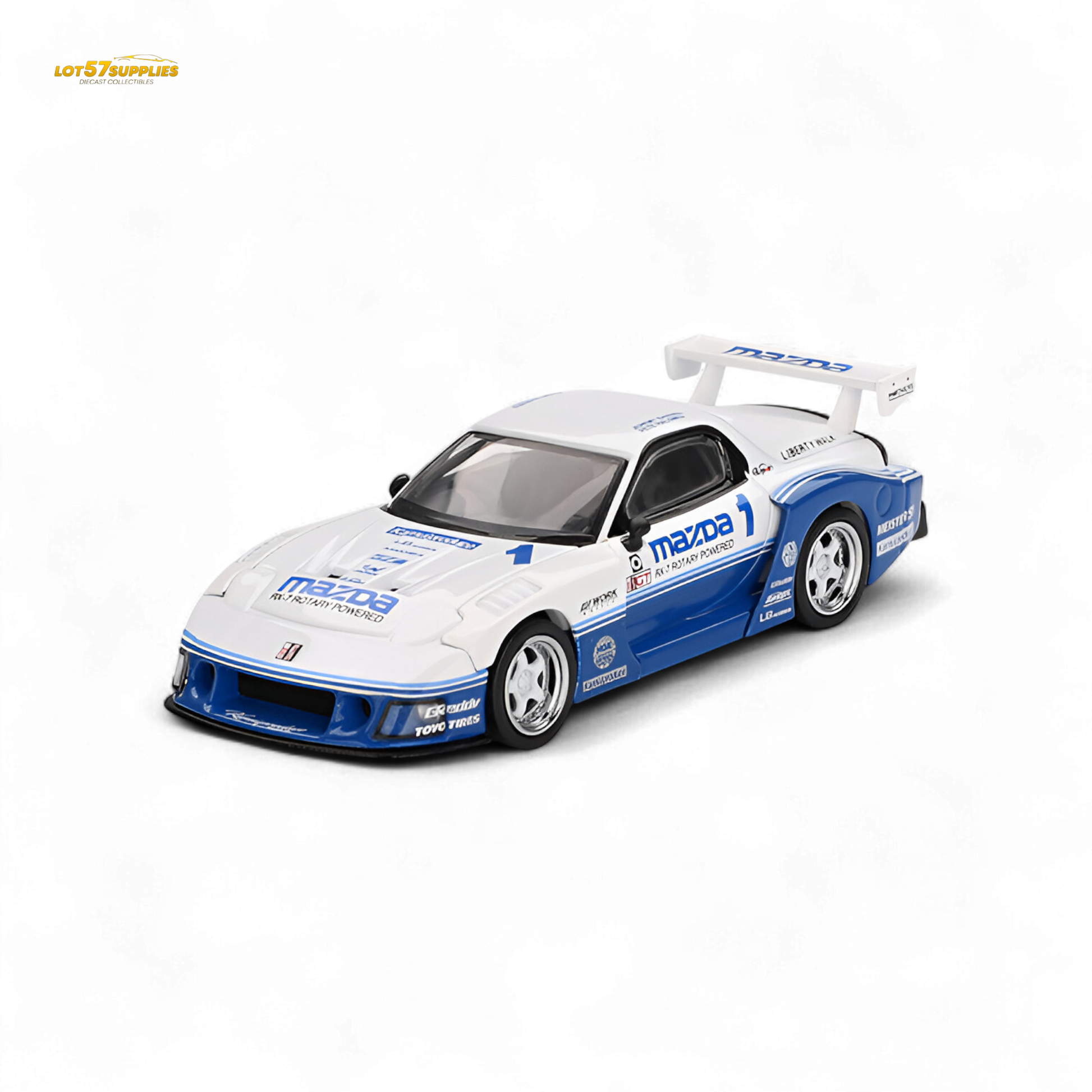 Mini GT Mazda RX-7 LB-Super Silhouette IMSA diecast model in 1:64 scale, detailed miniature car with racing livery.