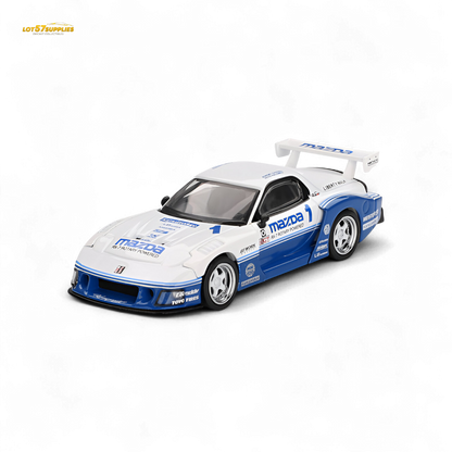 Mini GT Mazda RX-7 LB-Super Silhouette IMSA diecast model in 1:64 scale, detailed miniature car with racing livery.