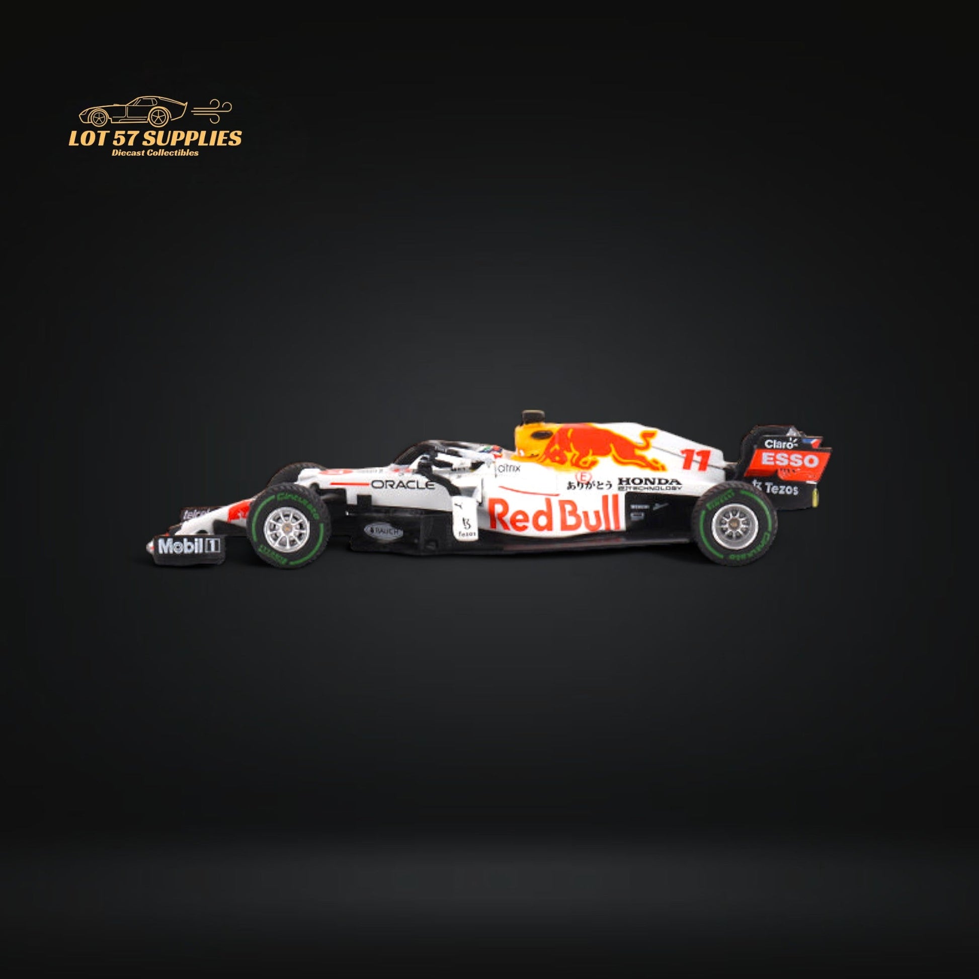 Mini-GT Red Bull RB16B diecast model of Sergio Pérez #11 in red, 1:64 scale, detailed collectible car.