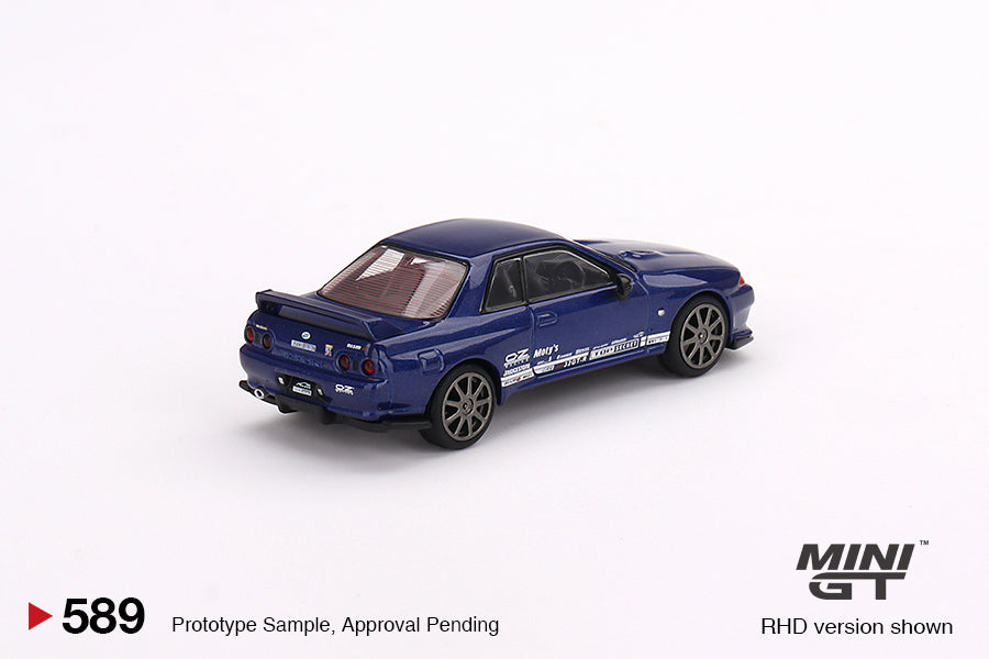 Mini-GT Nissan Skyline GT-R R32 diecast model in metallic blue, 1:64 scale, detailed Nissan collectible by Lot57Supplies Diecast Shop