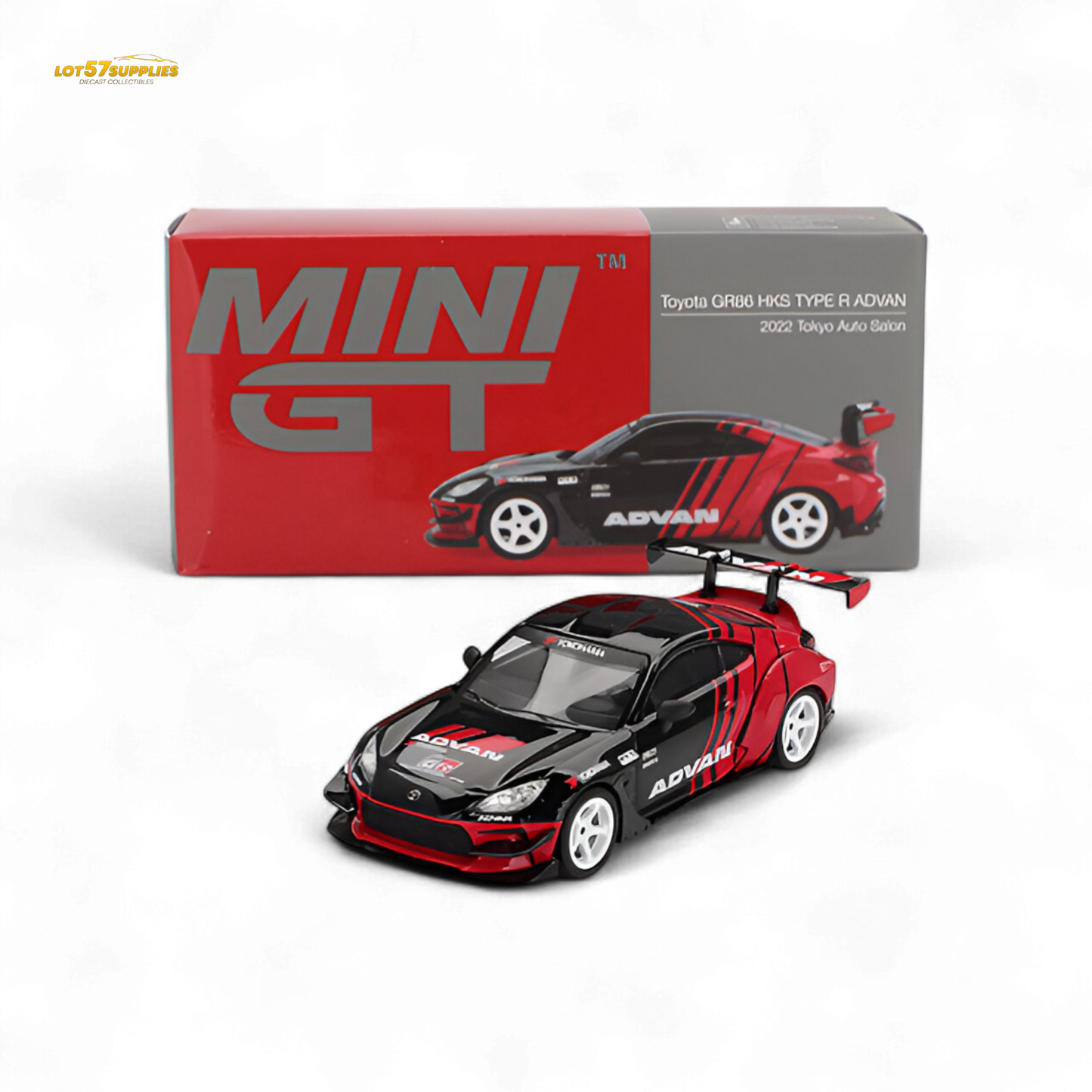 Mini-GT Toyota GR86 diecast model featuring HKS and ADVAN decals, detailed 1:64 scale Toyota sports car.