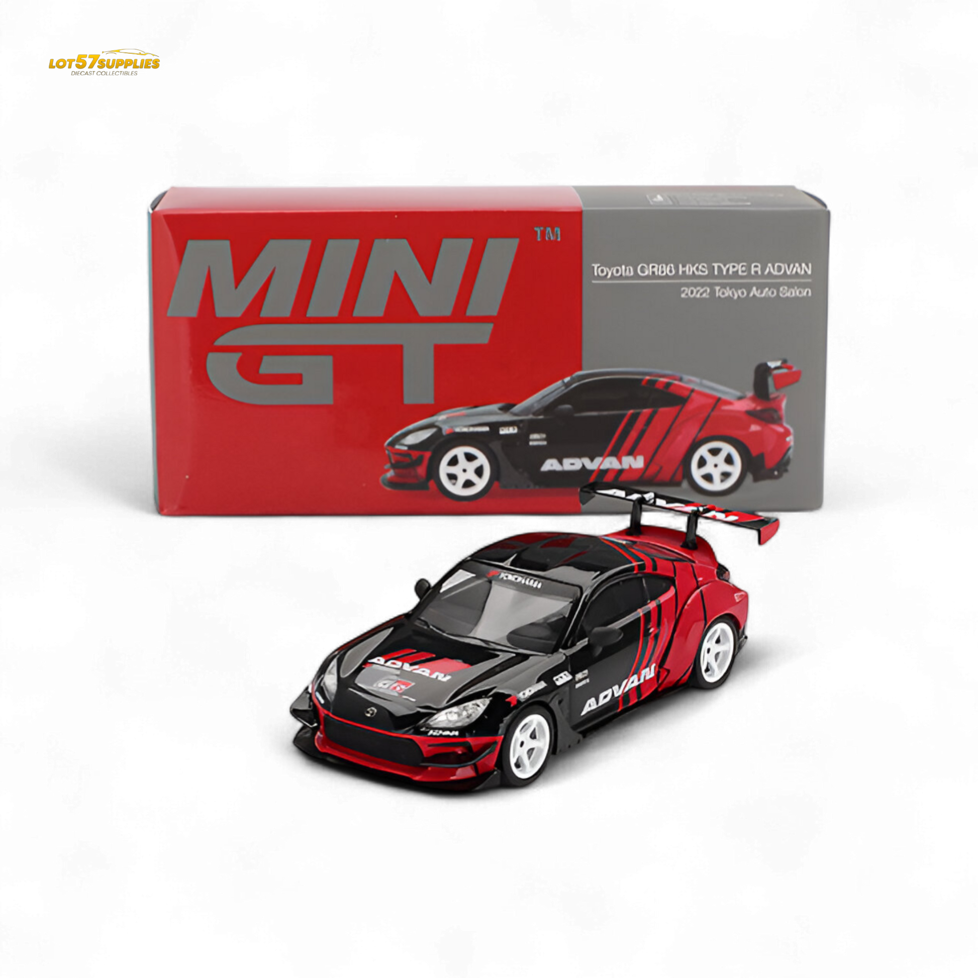 Mini-GT Toyota GR86 diecast model featuring HKS and ADVAN decals, detailed 1:64 scale Toyota sports car.