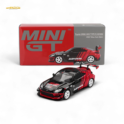 Mini-GT Toyota GR86 diecast model featuring HKS and ADVAN decals, detailed 1:64 scale Toyota sports car.
