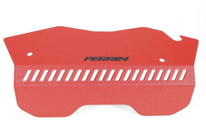 Red Perrin JDMuscle pulley cover for 2022-2025 Subaru WRX belt cover, showcasing a sleek, durable engine accessory.