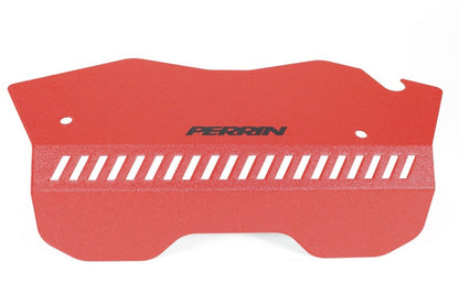 Red Perrin JDMuscle pulley cover for 2022-2025 Subaru WRX belt cover, showcasing a sleek, durable engine accessory.