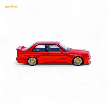 Red BMW M3 E30 diecast model car in 1:64 scale by Lot57Supplies Diecast Shop, detailed miniature vehicle.