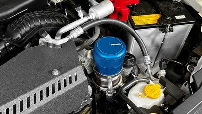 Blue PERRIN oil filter cover for Subaru WRX, BRZ, and Toyota GR86 engines
