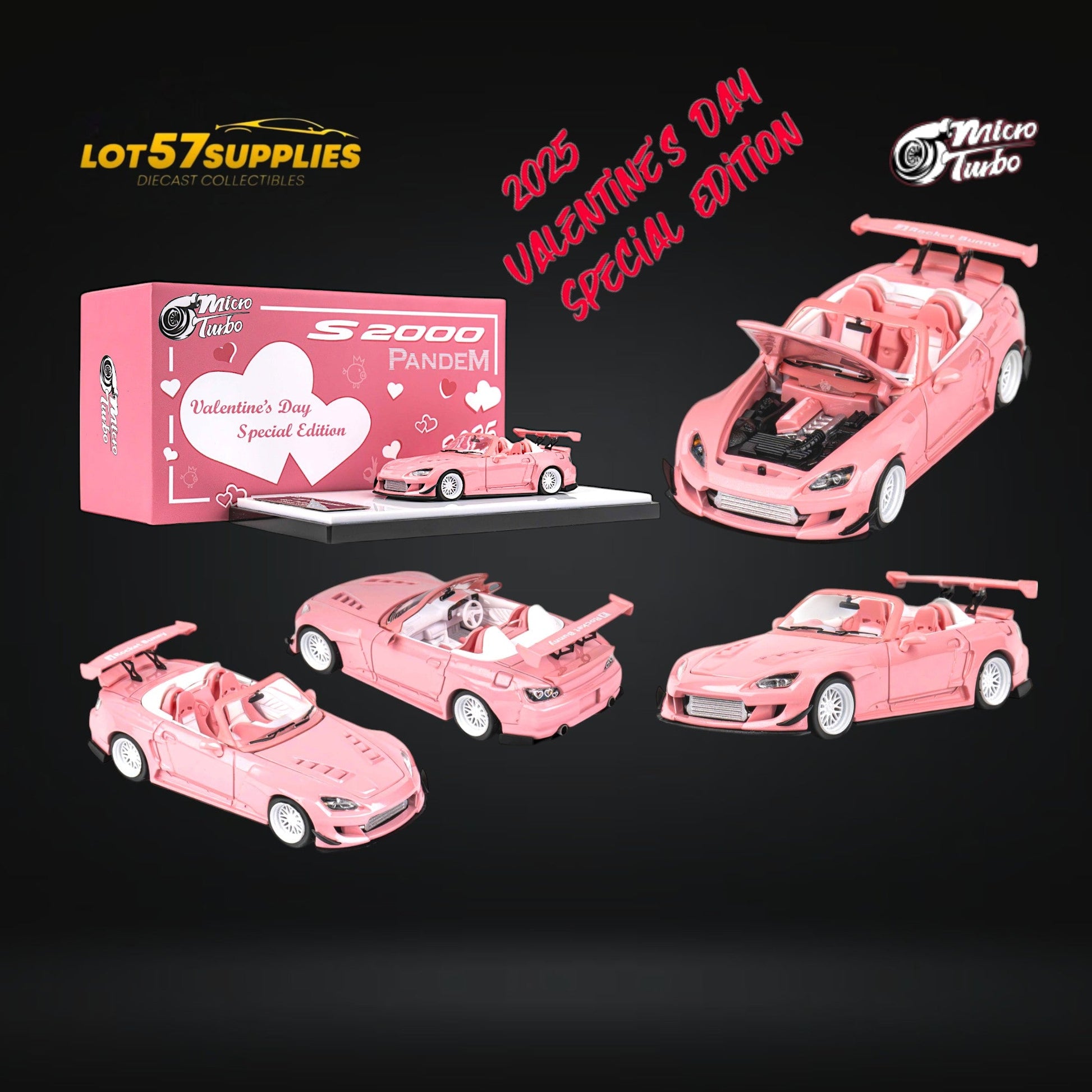 Pink Honda S2000 Microturbo diecast car model with Rocket Bunny design, 1:64 scale, detailed and vibrant for collectors.