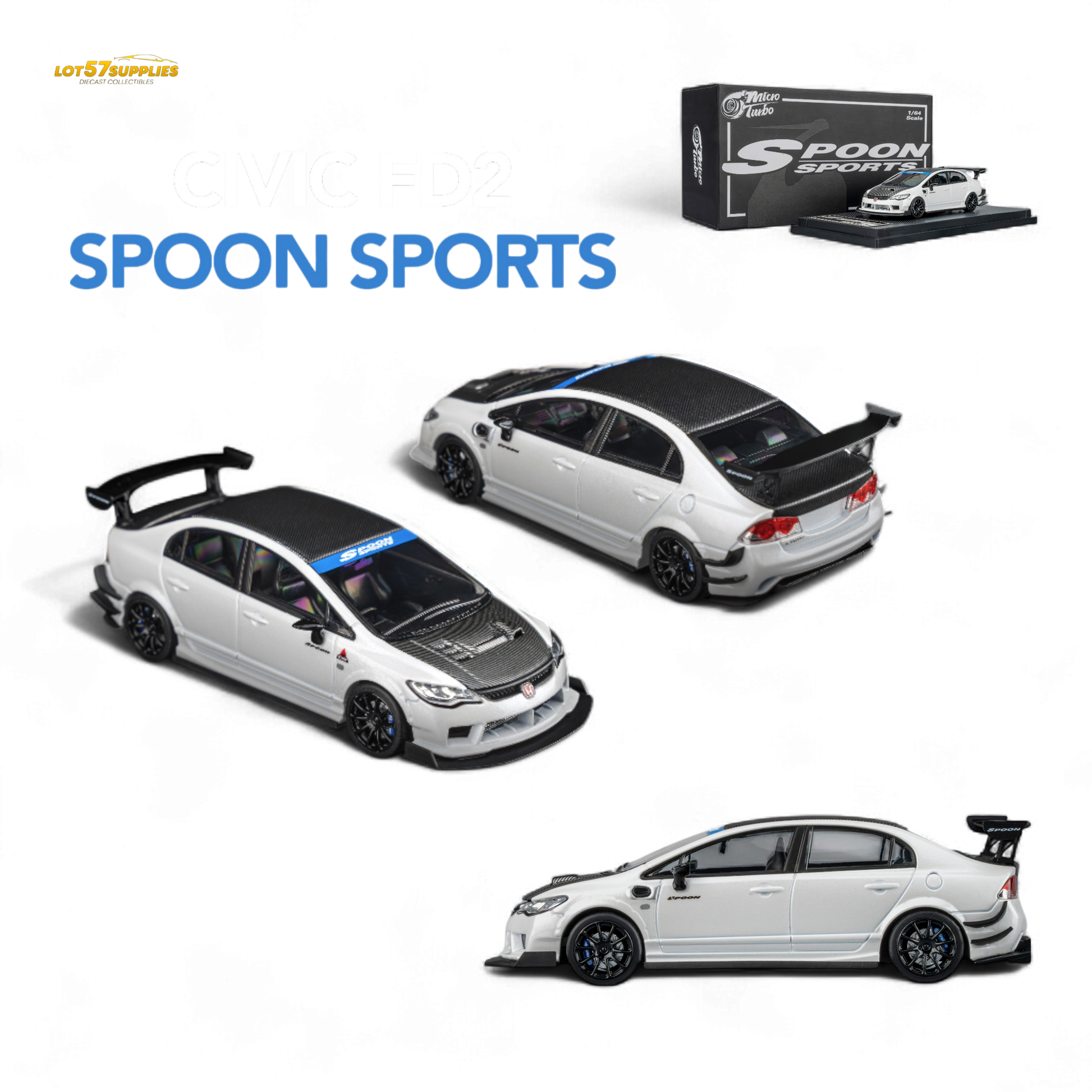 Metallic white Honda Civic Type R FD2 diecast model by Spoon Sports, 1:64 scale, showcasing detailed design and branding.