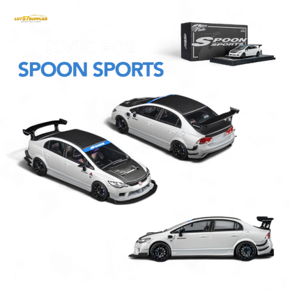 Metallic white Honda Civic Type R FD2 diecast model by Spoon Sports, 1:64 scale, showcasing detailed design and branding.