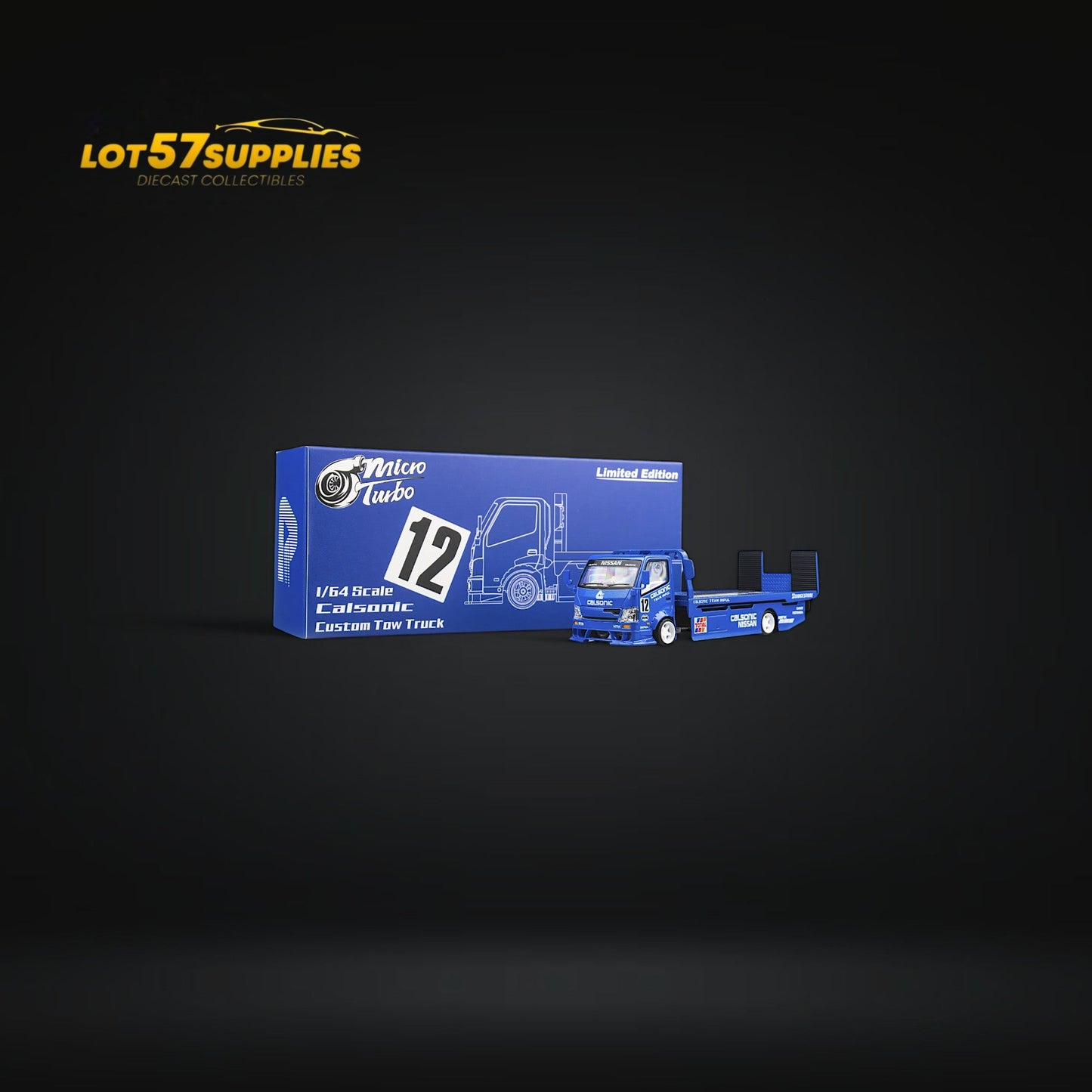 Blue Calsonic livery HINO 300 MicroTurbo diecast truck with flatbed, detailed miniature model by Lot57Supplies.