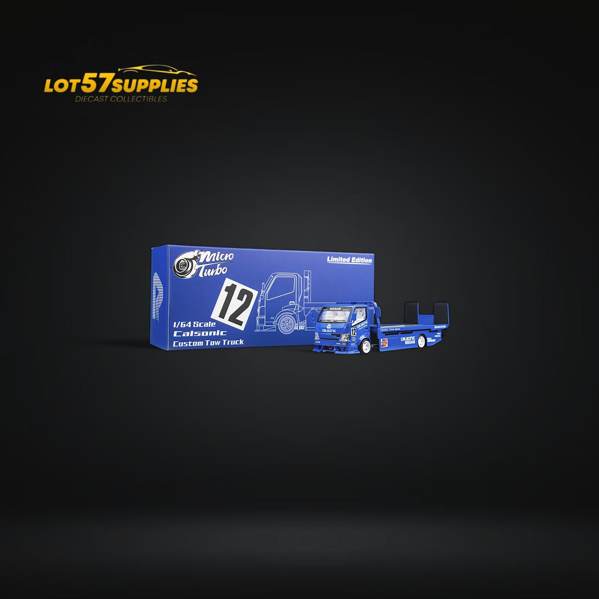 Blue Calsonic livery HINO 300 MicroTurbo diecast truck with flatbed, detailed miniature model by Lot57Supplies.