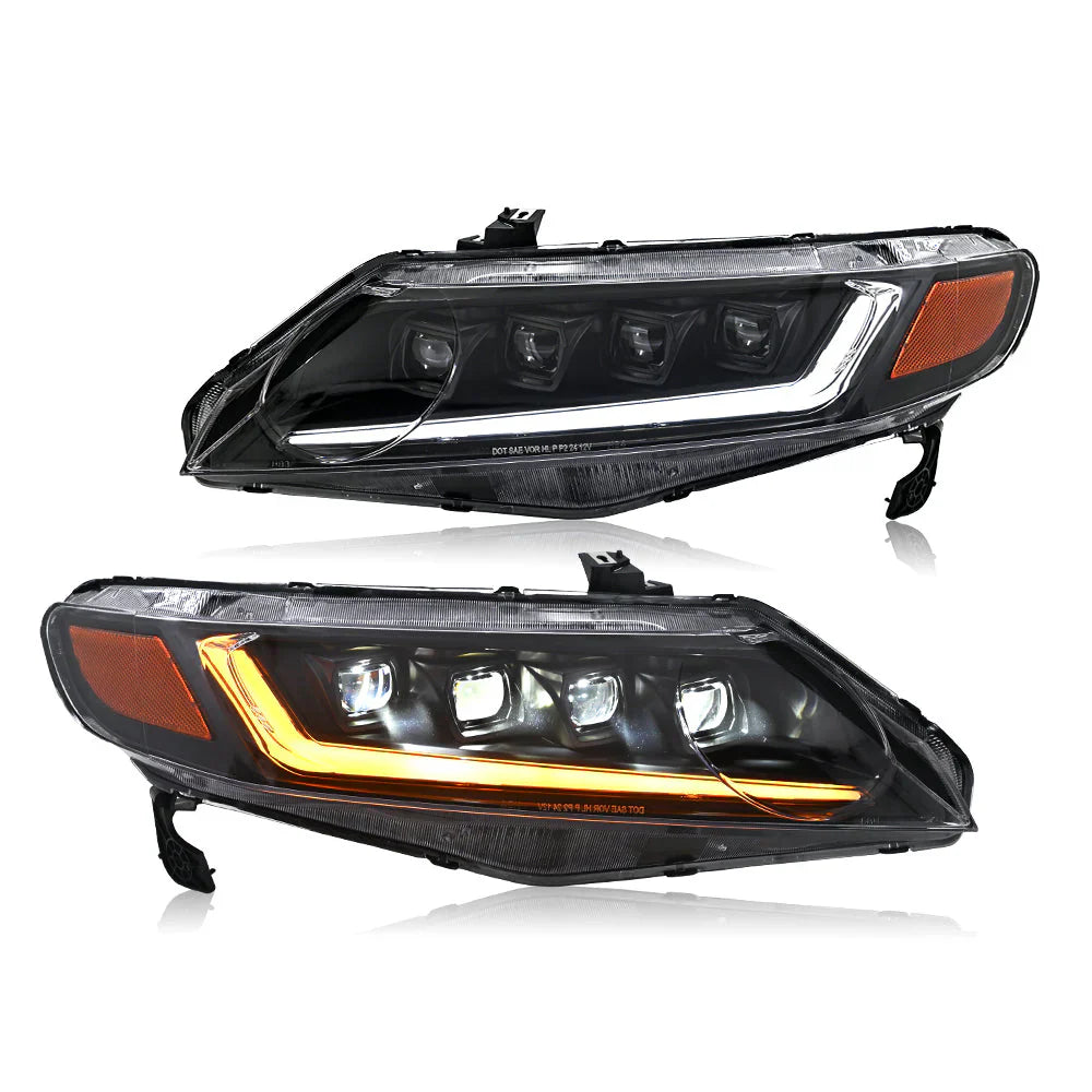 NTXGlow 8th Gen Civic Sedan LED headlights with sequential turn signals, showcasing sleek design and bright illumination.