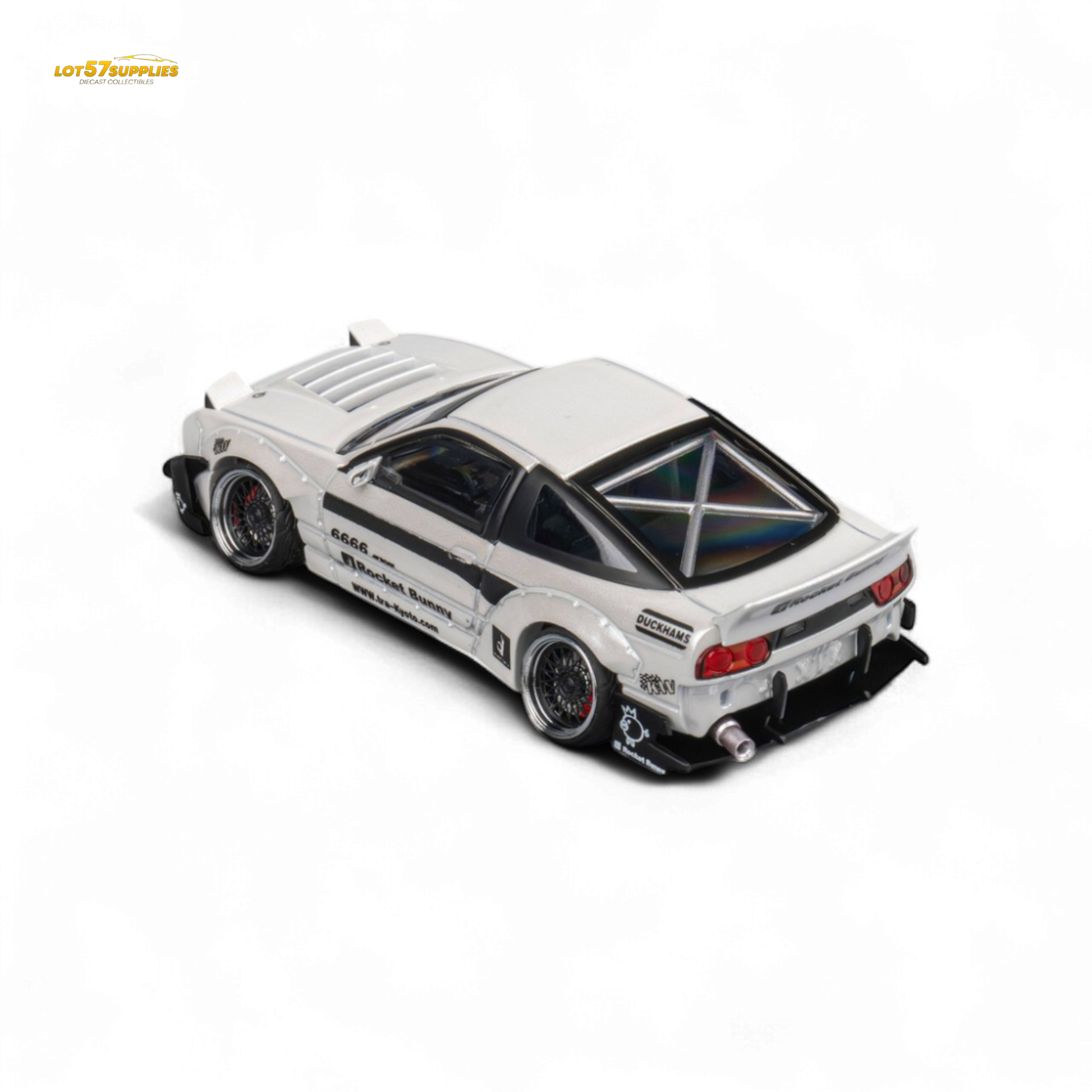 White Nissan 180SX diecast model by Lot57Supplies, featuring Pandem Rocket Bunny body kit, 1:64 scale, detailed miniature car.