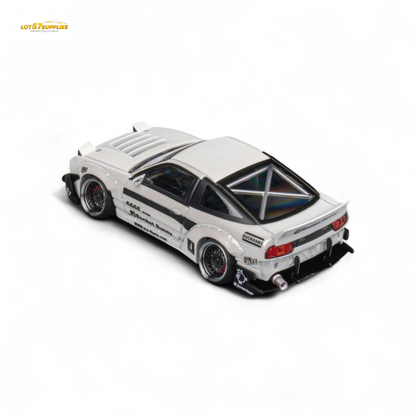 White Nissan 180SX diecast model by Lot57Supplies, featuring Pandem Rocket Bunny body kit, 1:64 scale, detailed miniature car.