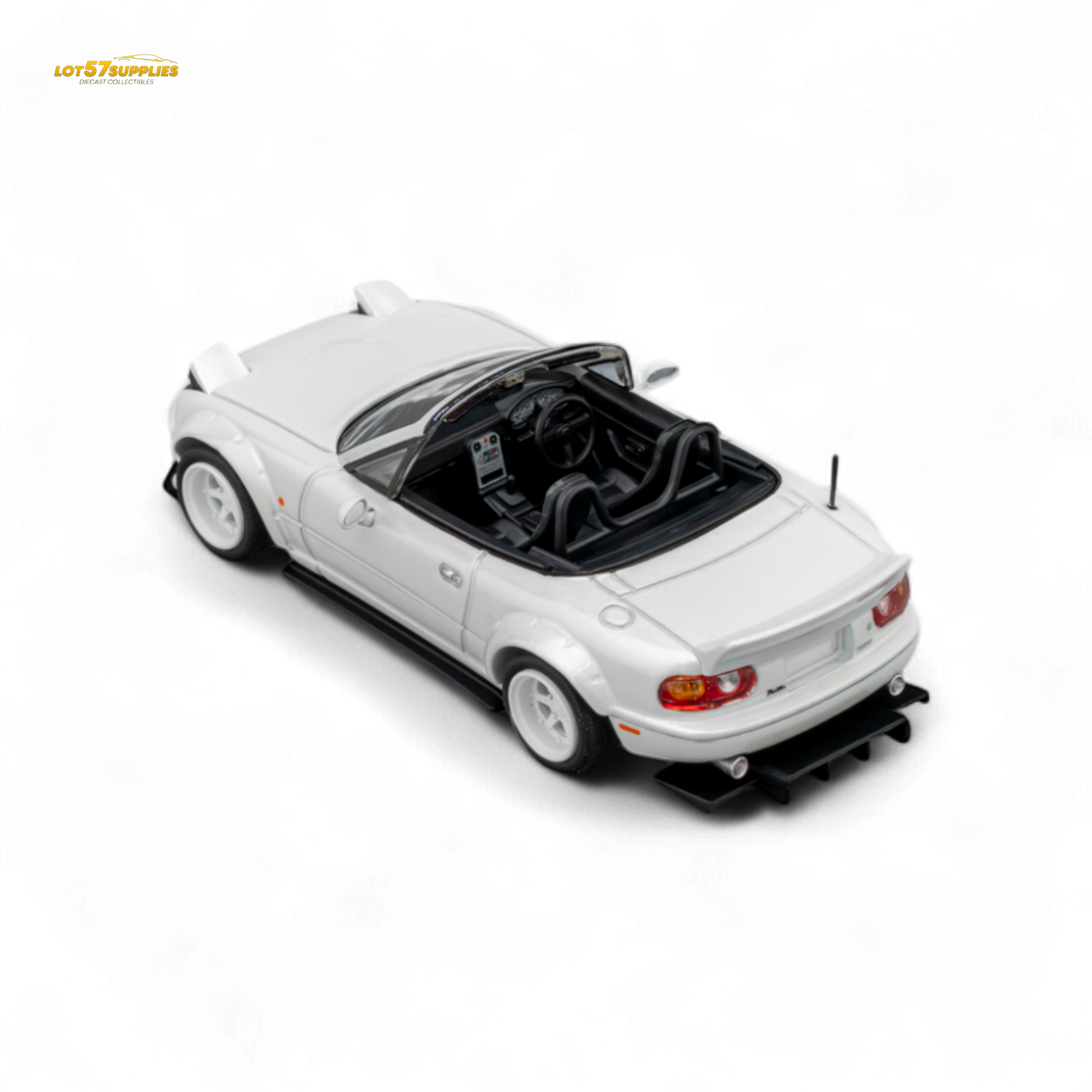 Metallic white Mazda Microturbo Custom MX5 diecast car by Lot57Supplies with Rocket Bunny body kit, 1:64 scale.