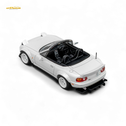 Metallic white Mazda Microturbo Custom MX5 diecast car by Lot57Supplies with Rocket Bunny body kit, 1:64 scale.