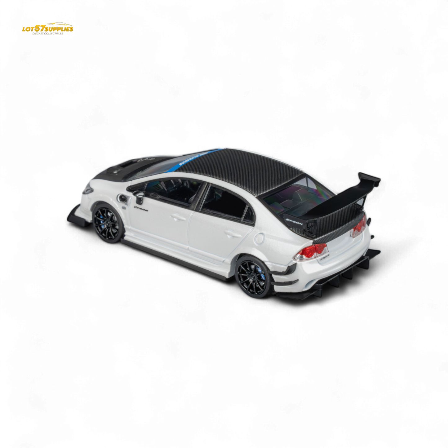Metallic white 1:64 scale Honda Civic Type R FD2 diecast model by Spoon Sports, showcasing detailed exterior and sporty design.
