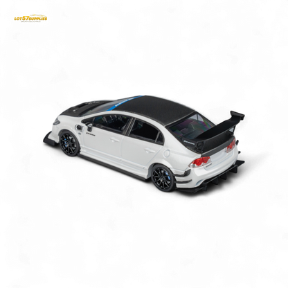 Metallic white 1:64 scale Honda Civic Type R FD2 diecast model by Spoon Sports, showcasing detailed exterior and sporty design.