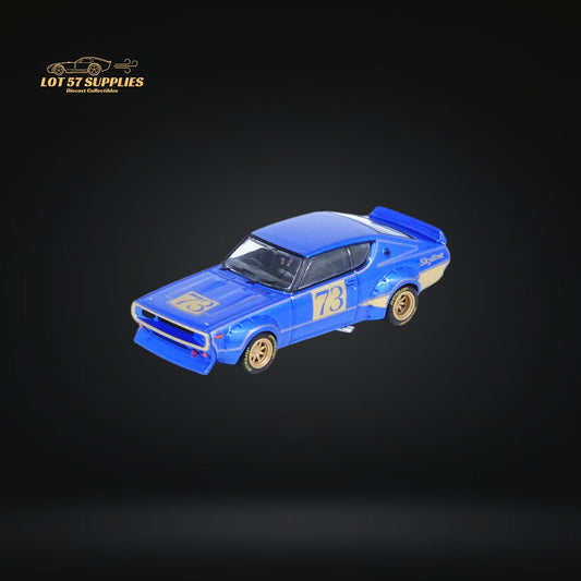 Blue Inno64 Nissan Skyline 2000 GT-R KPGC10 diecast model car, detailed racing concept in 1:64 scale.