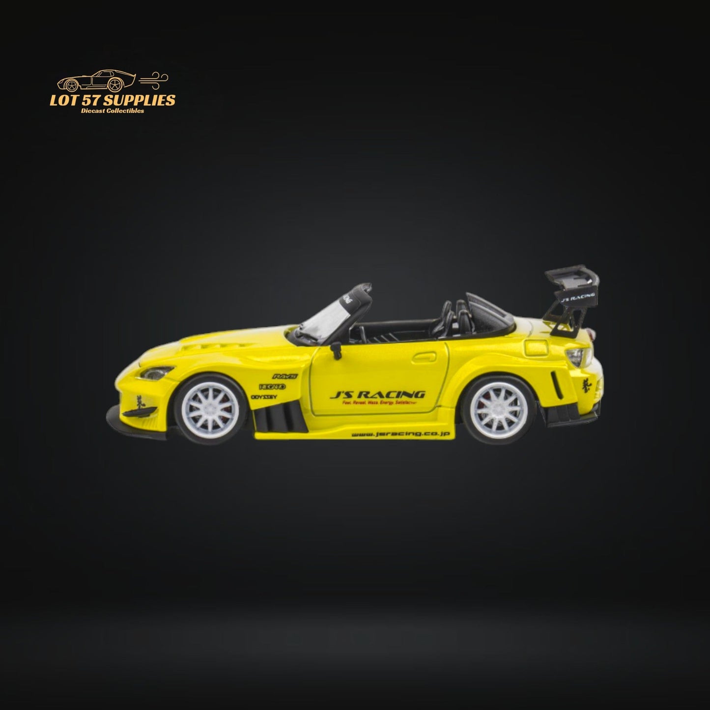 Yellow Pearl Honda S2000 JS Racing Microturbo diecast model in 1:64 scale with detailed features and branding.