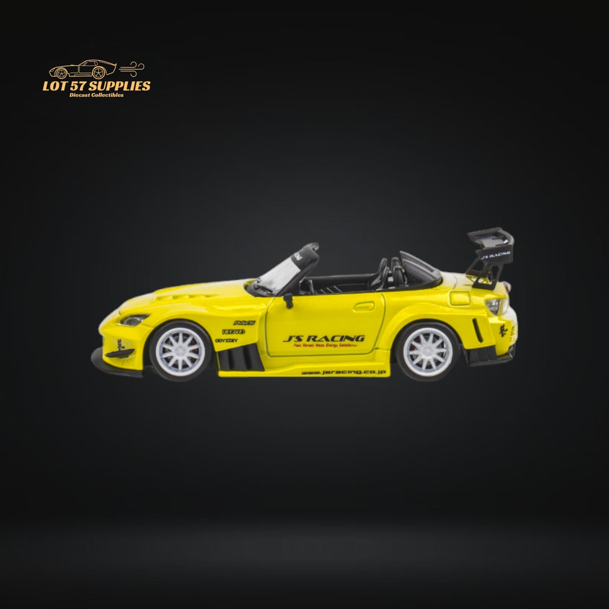 Yellow Pearl Honda S2000 JS Racing Microturbo diecast model in 1:64 scale with detailed features and branding.